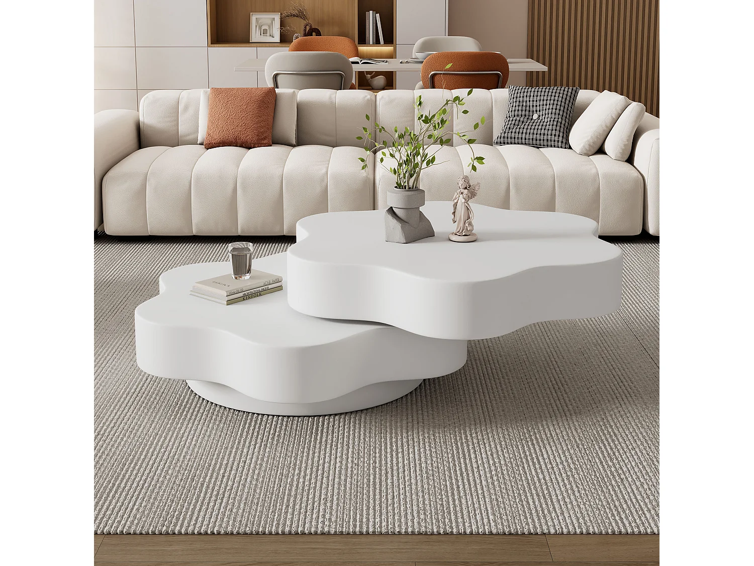Table basse en forme de fleur 74.8x67.5x31 cm - Plateau pivotant à 360° - Blanc