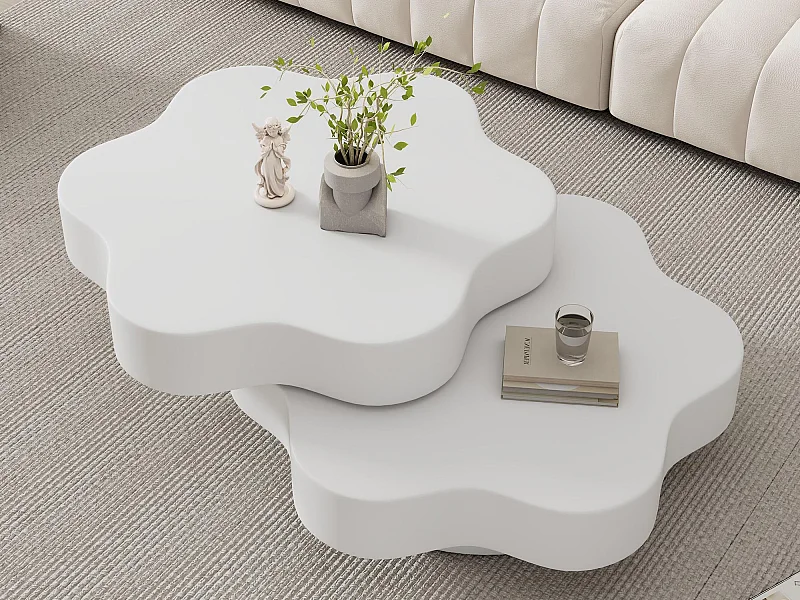 Table basse en forme de fleur 74.8x67.5x31 cm - Plateau pivotant à 360° - Blanc
