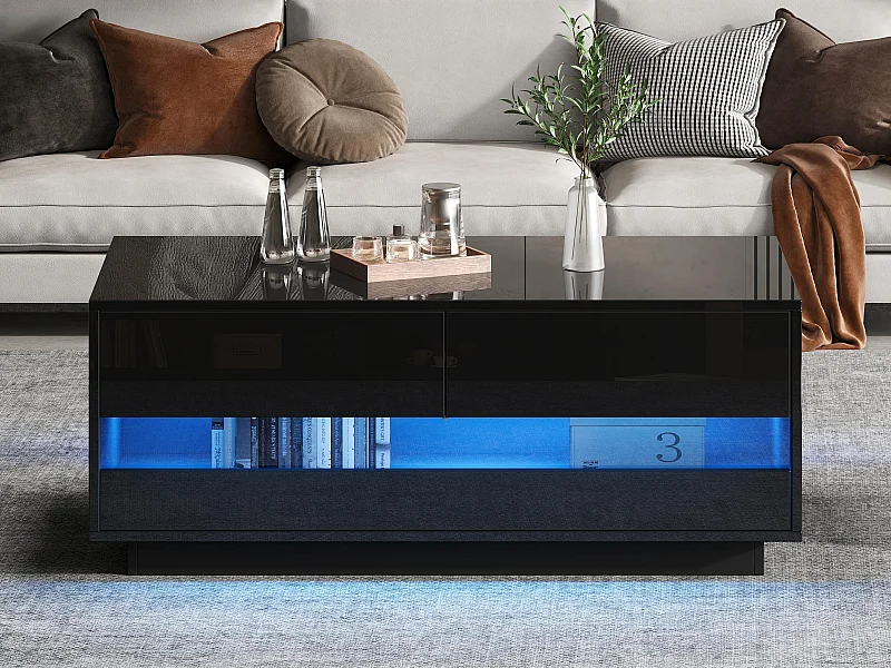 Mesa de centro alto brilho 100×50×40 cm - com iluminação LED - com 2 gavetas - preto