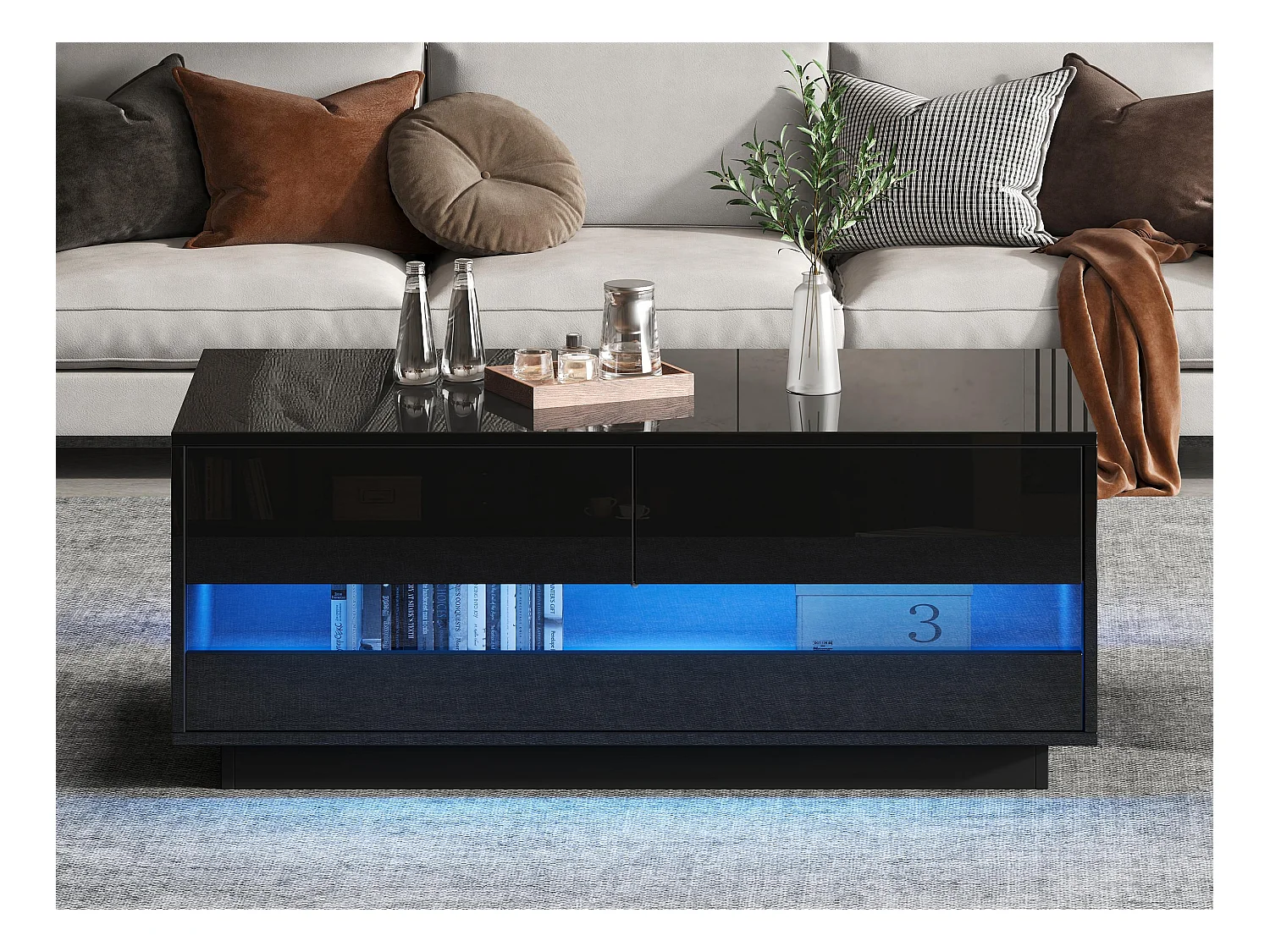 Table basse haute brillance 100x50x40 cm - avec éclairage LED - avec 2 tiroirs - Noir