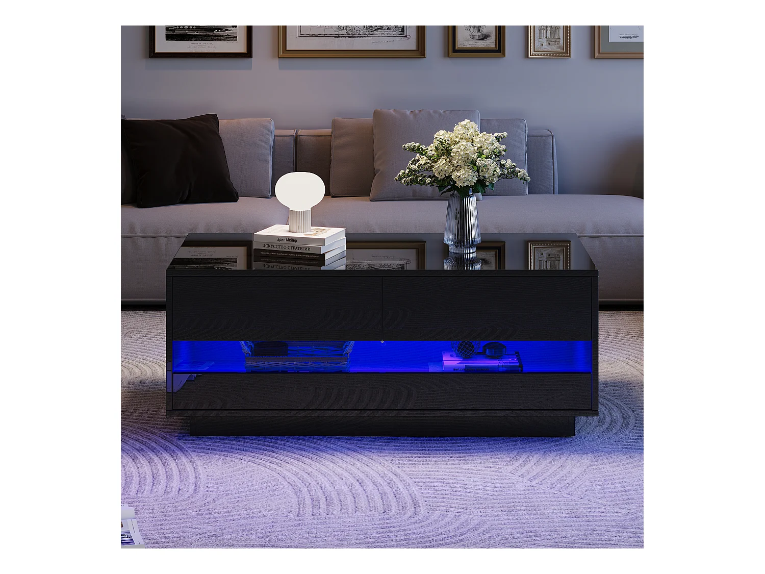 Table basse haute brillance 100x50x40 cm - avec éclairage LED - avec 2 tiroirs - Noir
