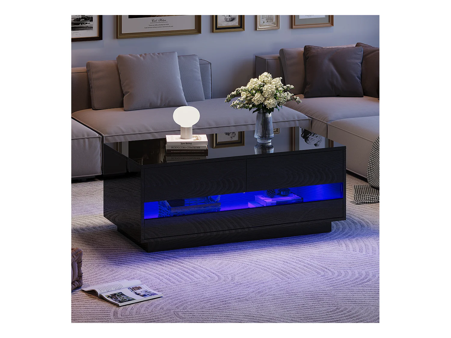 Table basse haute brillance 100x50x40 cm - avec éclairage LED - avec 2 tiroirs - Noir