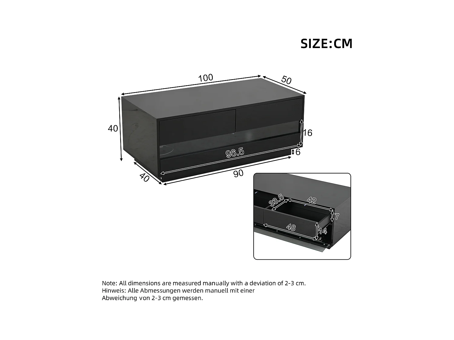 Table basse haute brillance 100x50x40 cm - avec éclairage LED - avec 2 tiroirs - Noir