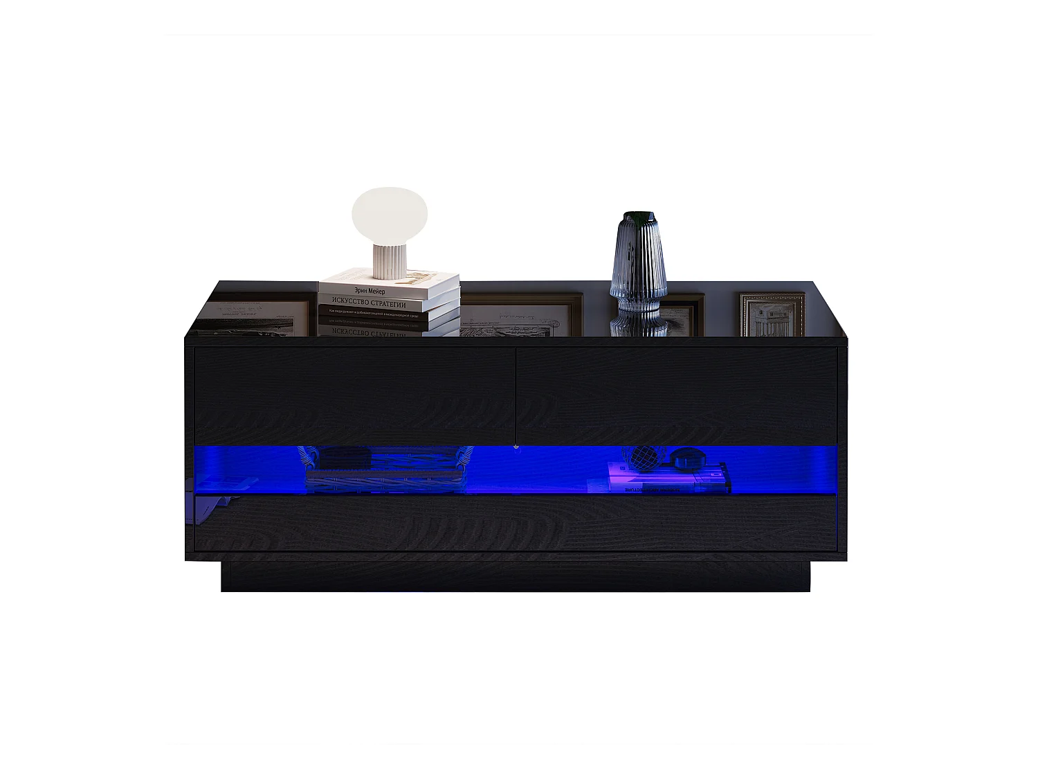 Table basse haute brillance 100x50x40 cm - avec éclairage LED - avec 2 tiroirs - Noir