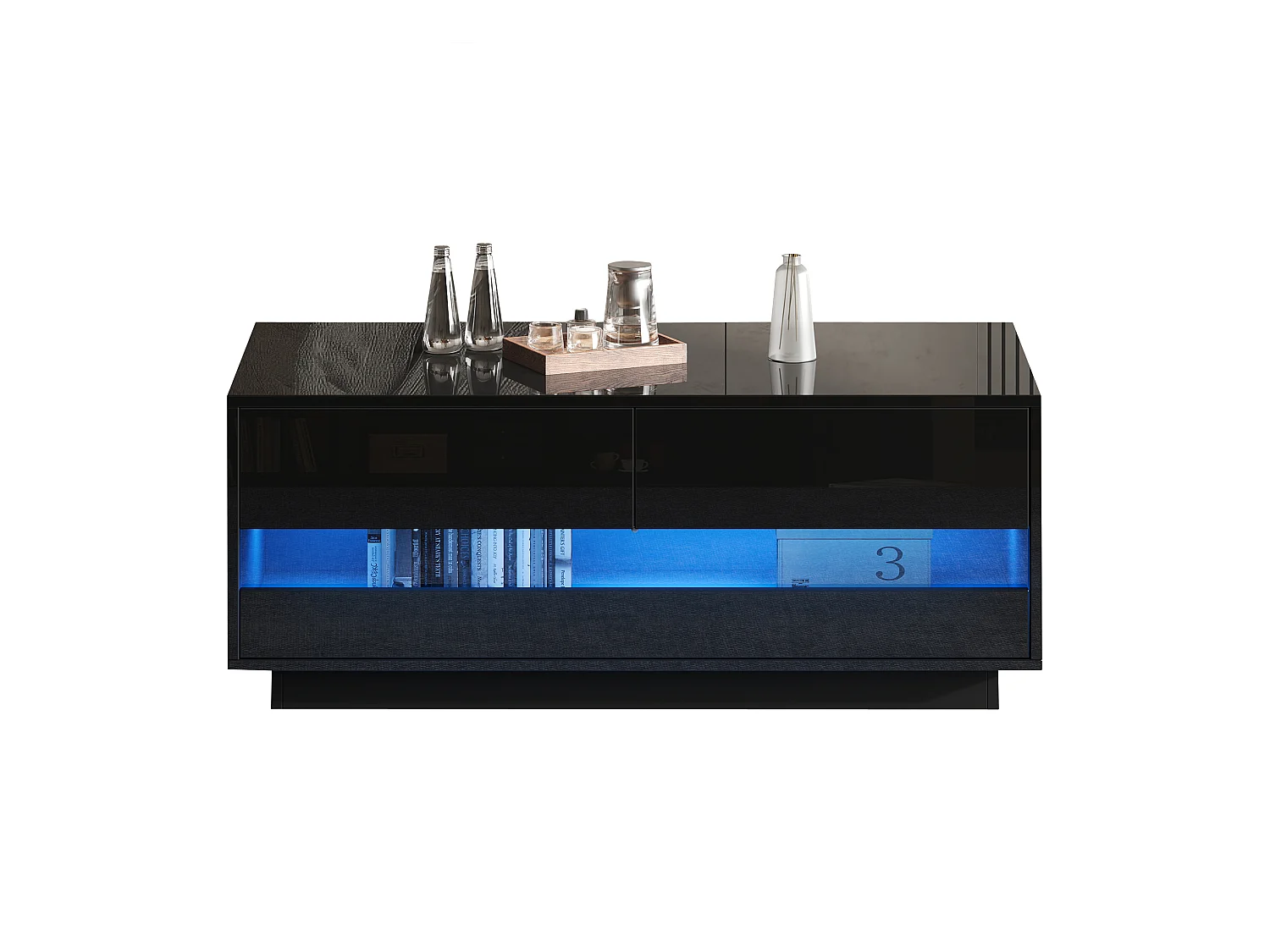 Table basse haute brillance 100x50x40 cm - avec éclairage LED - avec 2 tiroirs - Noir