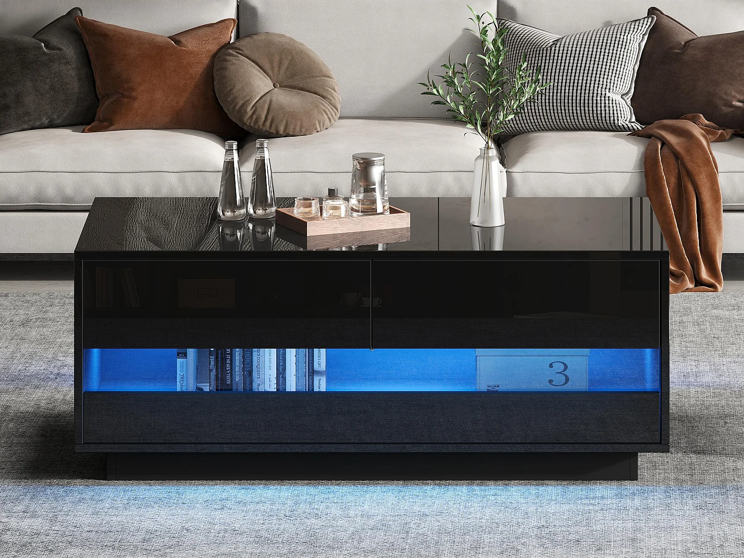 Table basse haute brillance 100x50x40 cm - avec éclairage LED - avec 2 tiroirs - Noir