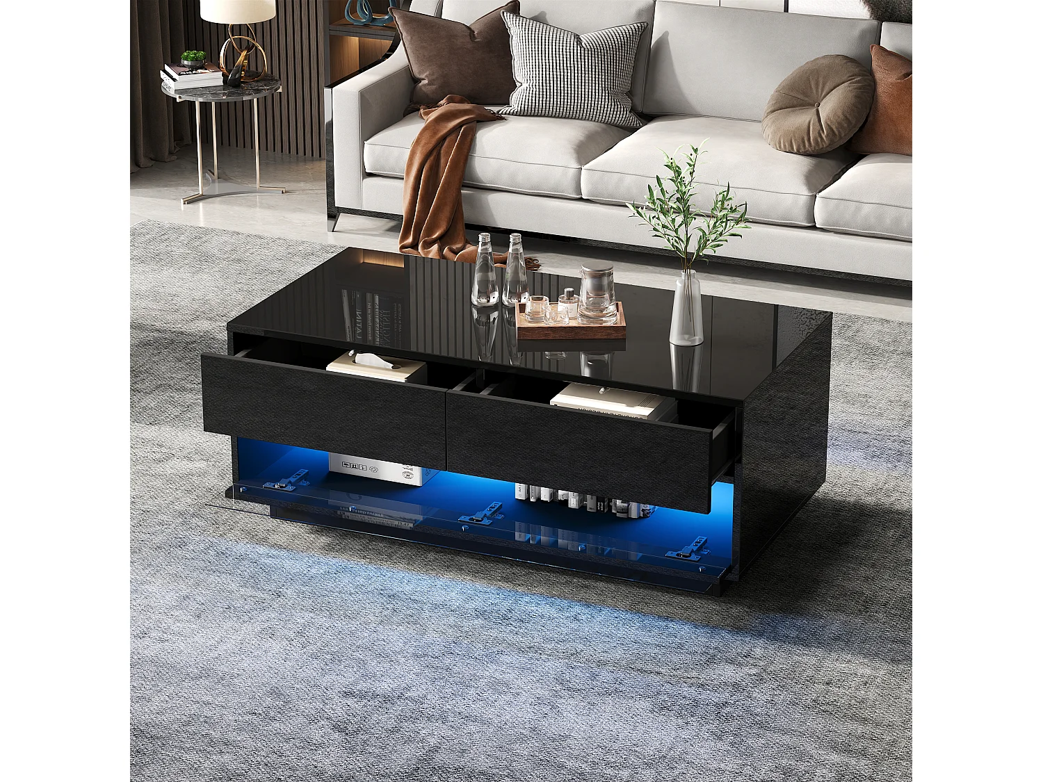 Table basse haute brillance 100x50x40 cm - avec éclairage LED - avec 2 tiroirs - Noir