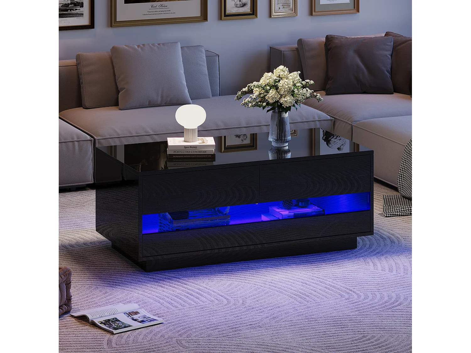 Table basse haute brillance 100x50x40 cm - avec éclairage LED - avec 2 tiroirs - Noir