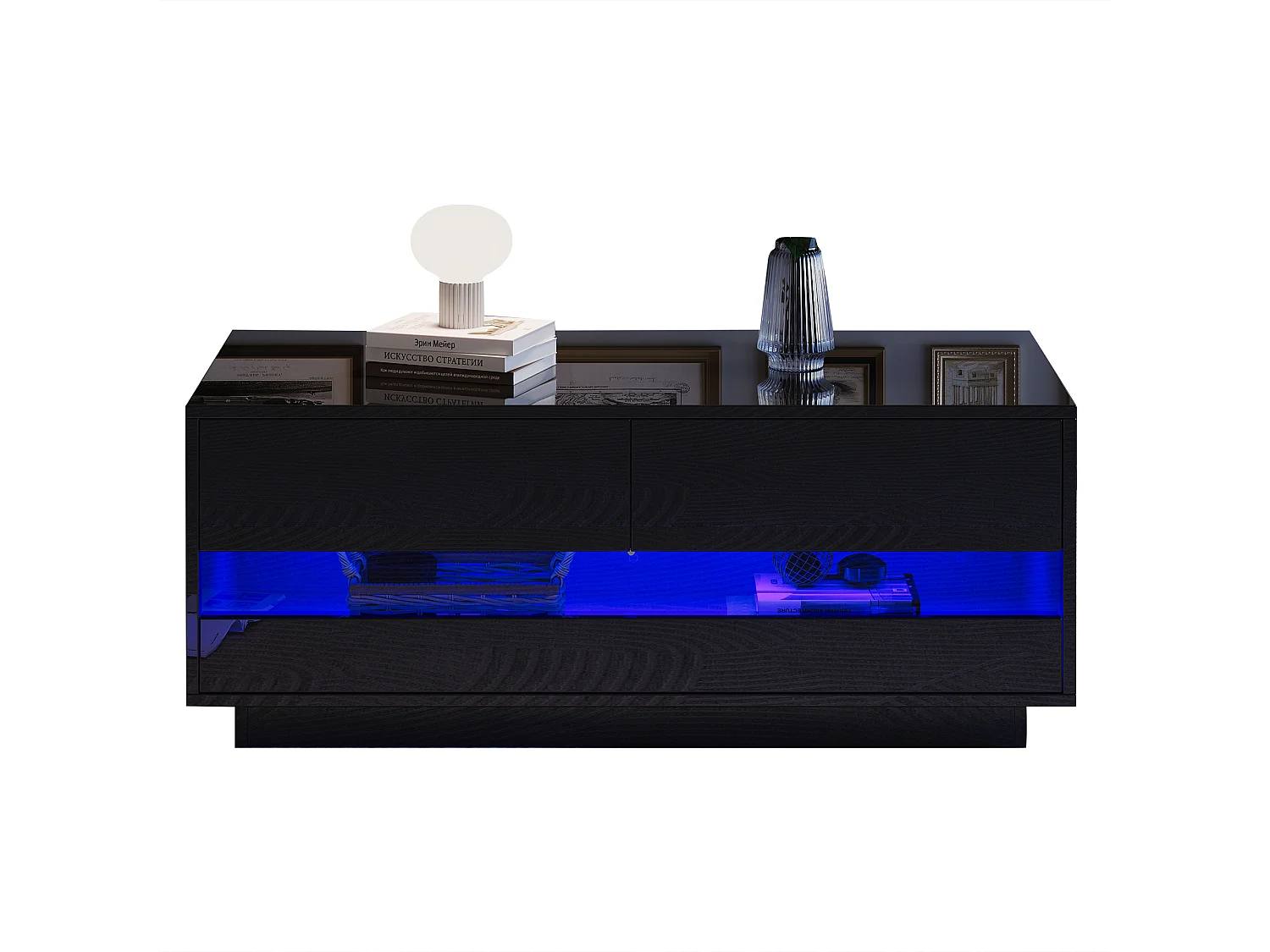 Table basse haute brillance 100x50x40 cm - avec éclairage LED - avec 2 tiroirs - Noir