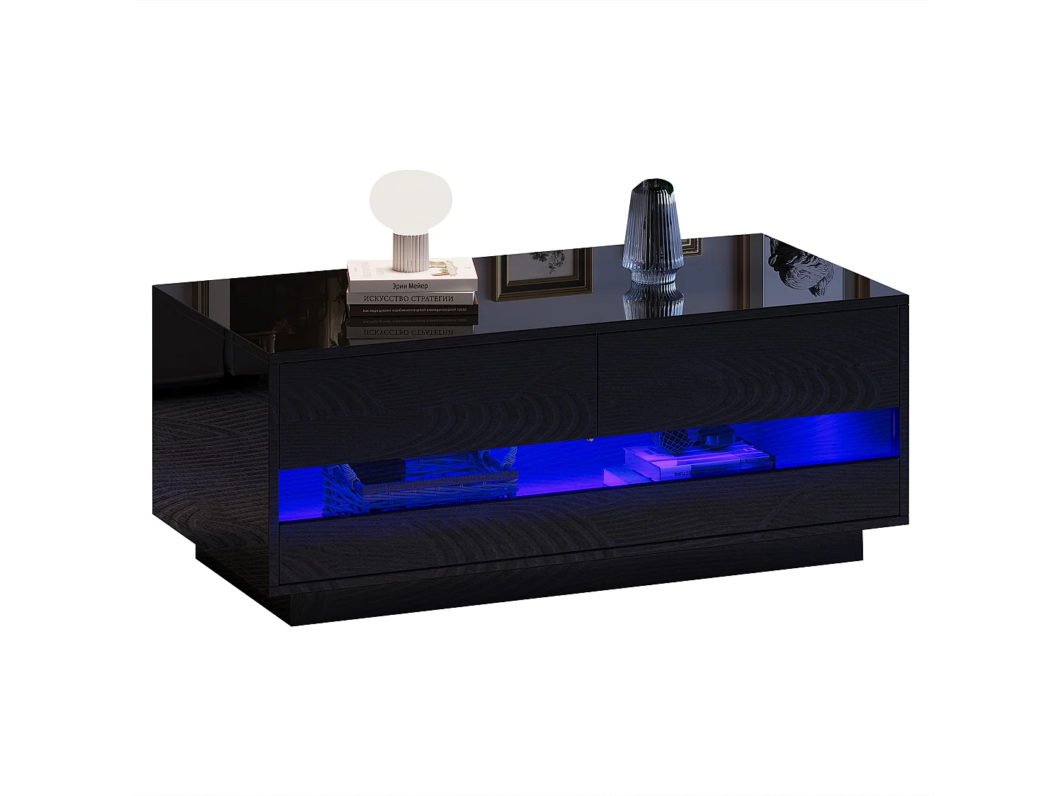 Table basse haute brillance 100x50x40 cm - avec éclairage LED - avec 2 tiroirs - Noir