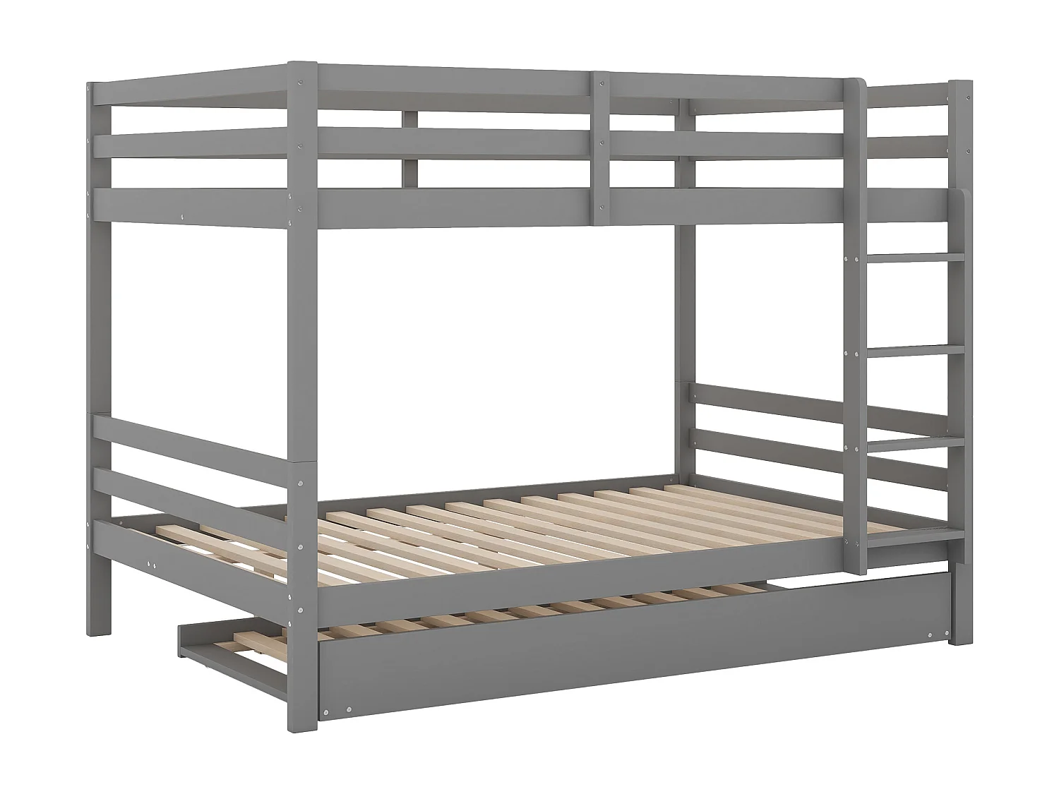 Stapelbed 140x200 cm, met uitschuifbed, hoge spijlen, stabiele ladder, ingebouwde kast, bureau, grijs (204,5x145x150 cm)