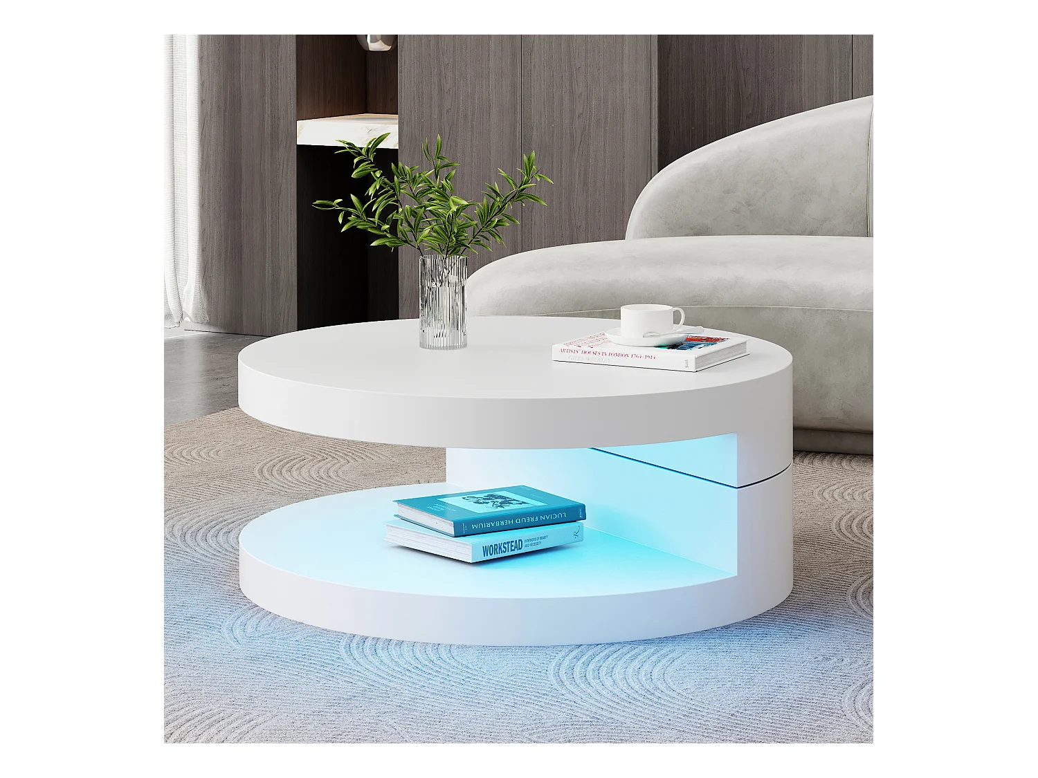 Table basse moderne - 70 x 70 x 35.5 cm - table pivotant à 360° - avec Leds + rangement - MDF - blanc