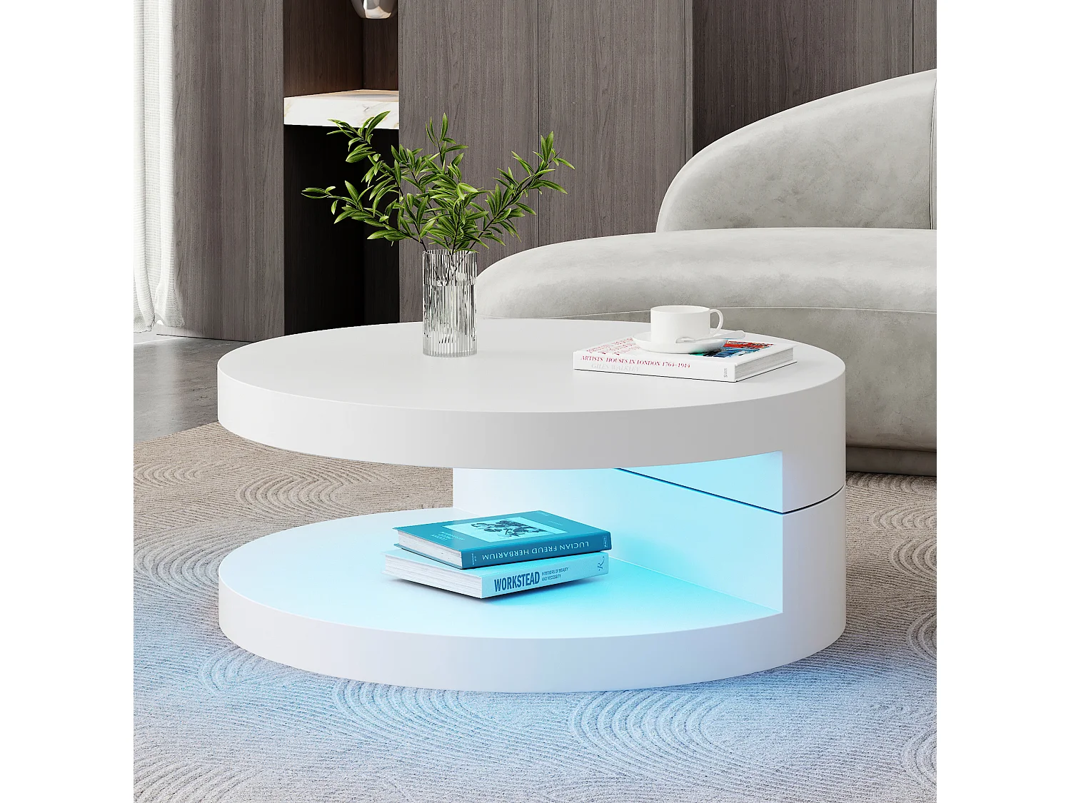 Table basse moderne - 70 x 70 x 35.5 cm - table pivotant à 360° - avec Leds + rangement - MDF - blanc
