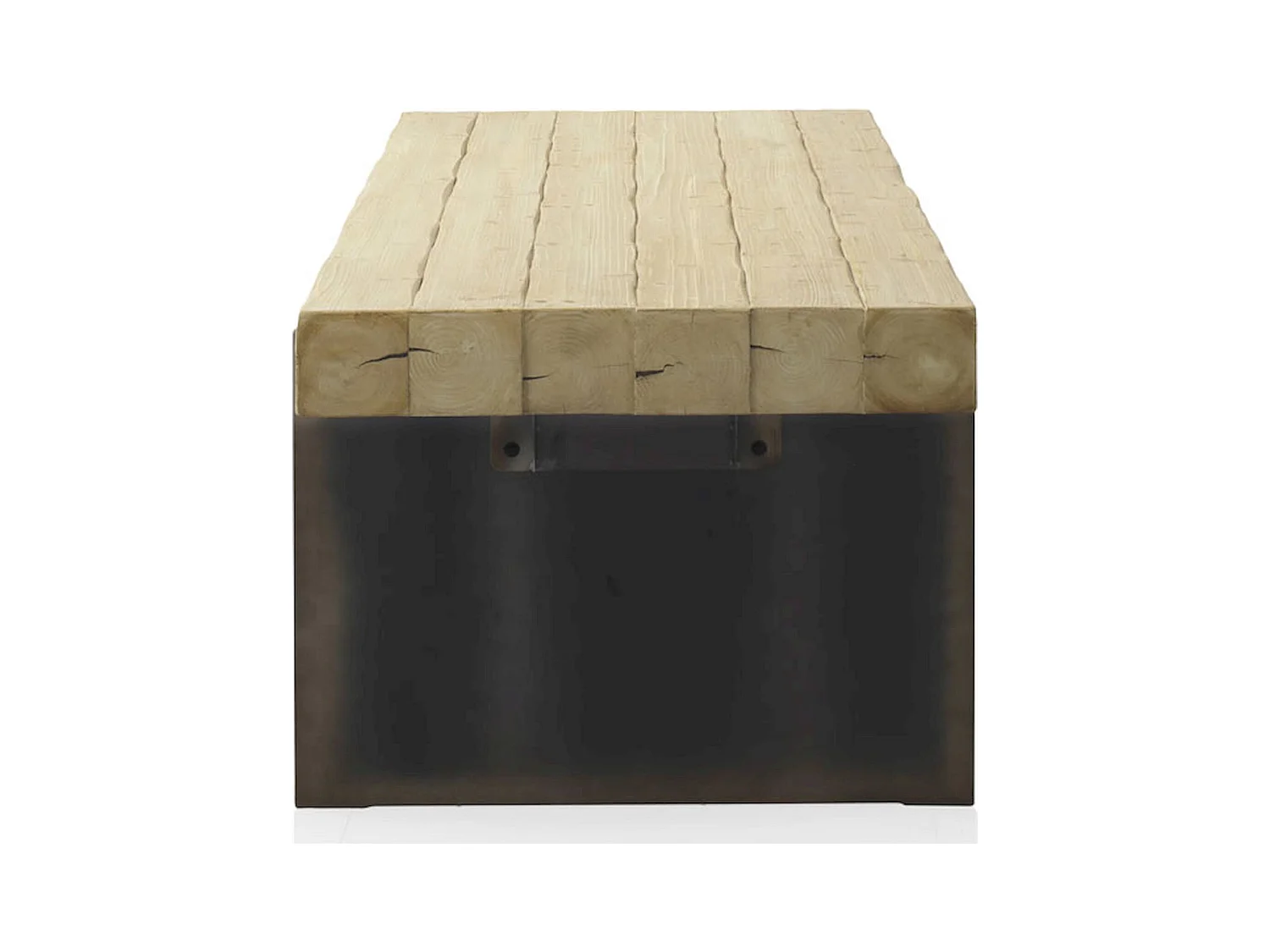 table basse bois d'abeto et pieds laqués finition métalisée