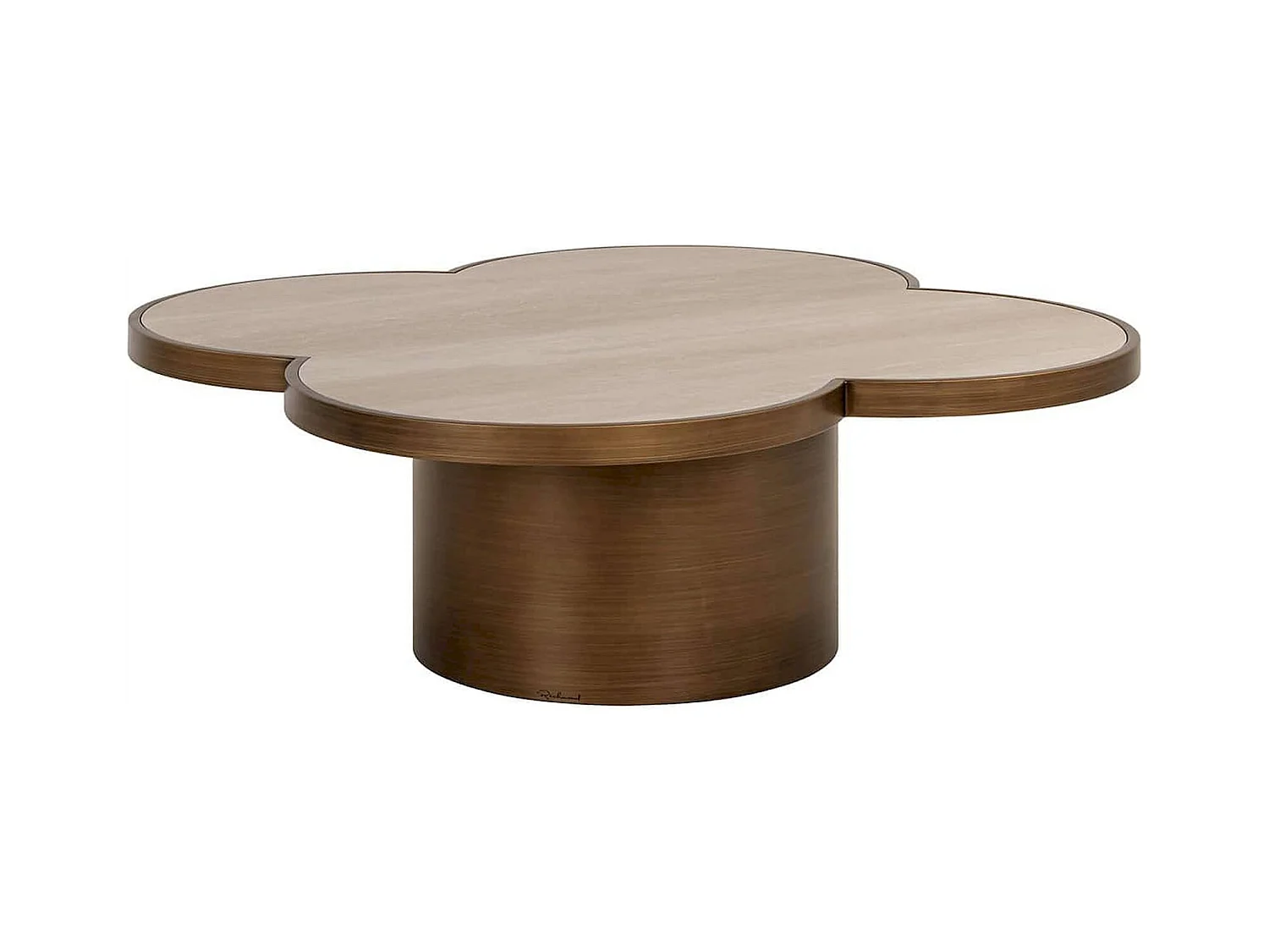 table basse design forme trèfle beige travertin et bois