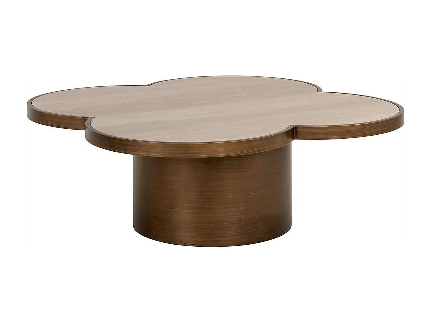 table basse design forme trèfle beige travertin et bois