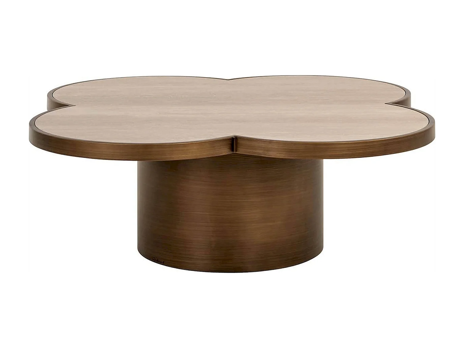 table basse design forme trèfle beige travertin et bois