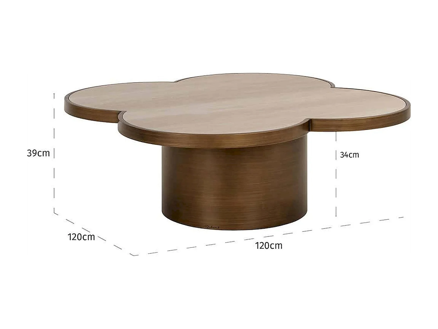 table basse design forme trèfle beige travertin et bois
