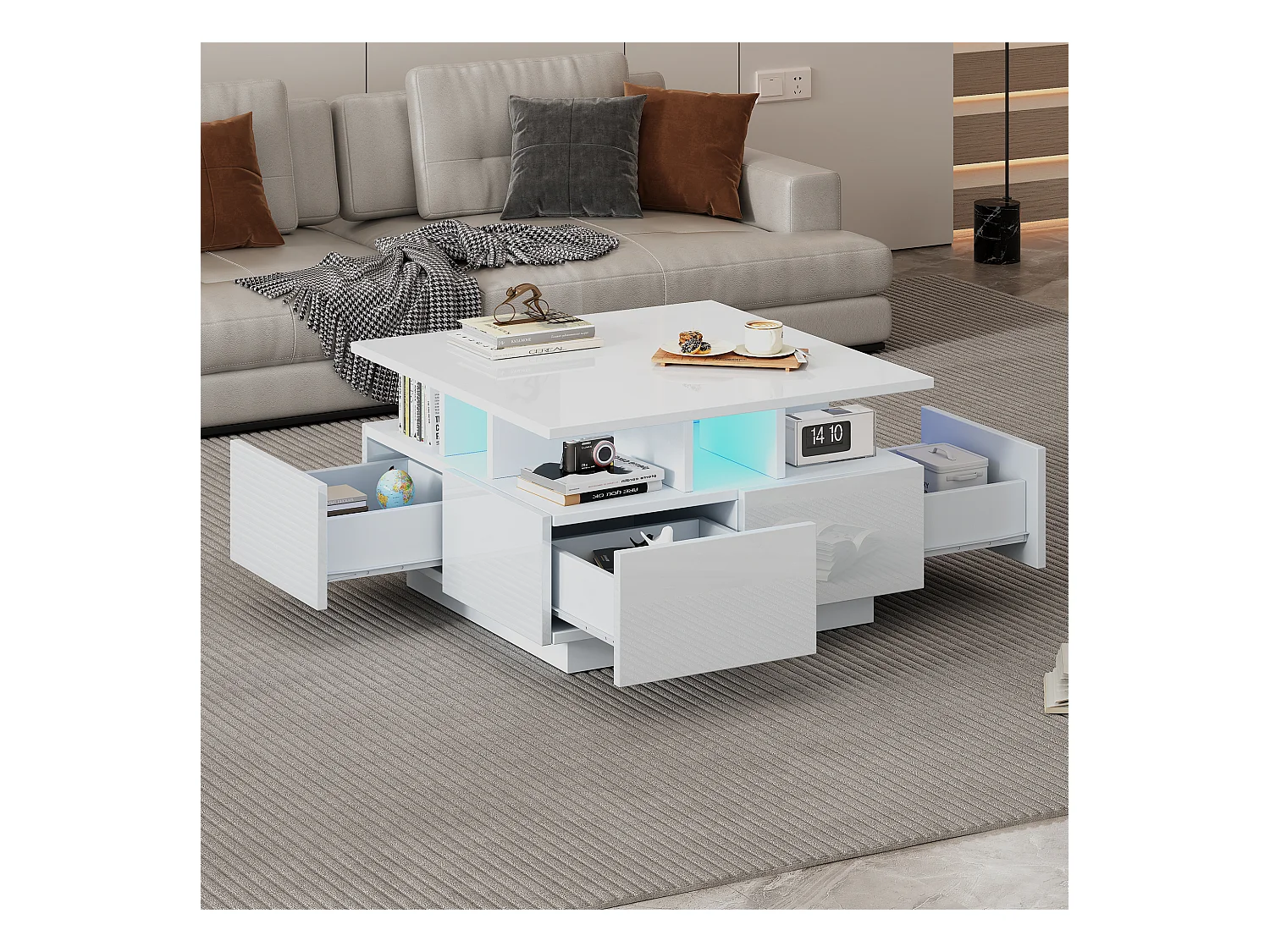 Table basse brillante - 70 x 70 x 40 cm - avec Leds + 4 tiroirs - Aggloméré - blanc