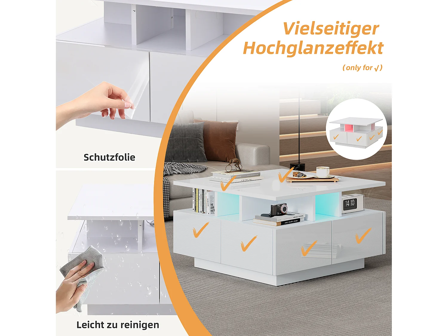 Table basse brillante - 70 x 70 x 40 cm - avec Leds + 4 tiroirs - Aggloméré - blanc