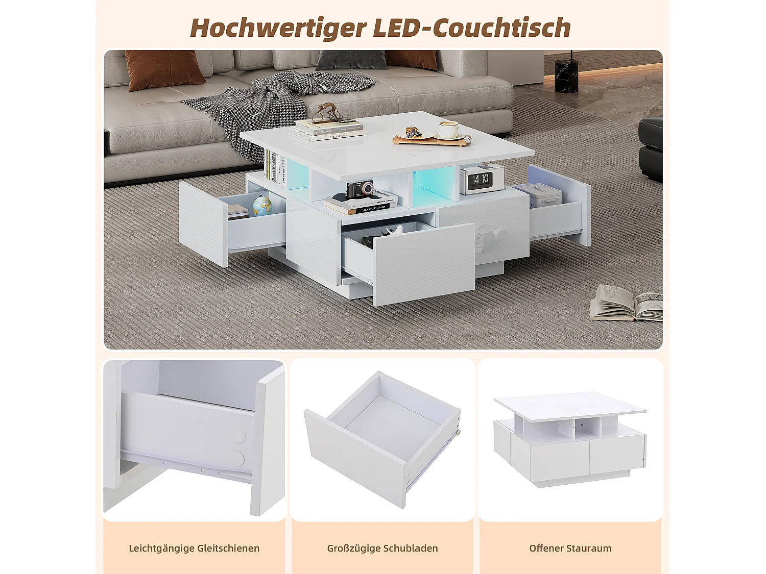 Table basse brillante - 70 x 70 x 40 cm - avec Leds + 4 tiroirs - Aggloméré - blanc