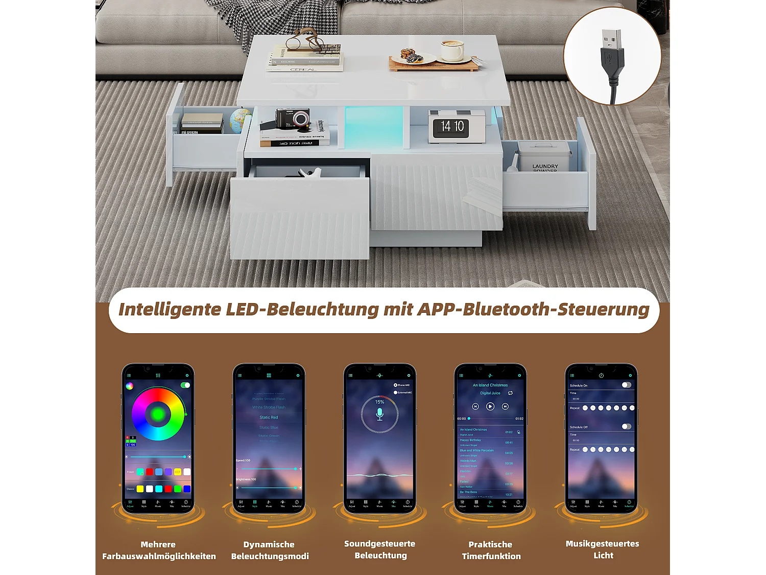 Table basse brillante - 70 x 70 x 40 cm - avec Leds + 4 tiroirs - Aggloméré - blanc