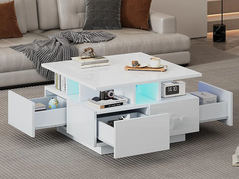 Hochglanz Quadrat-Couchtisch 70×70×40 cm - mit LED-Beleuchtung - 4 Schubladen - weiß