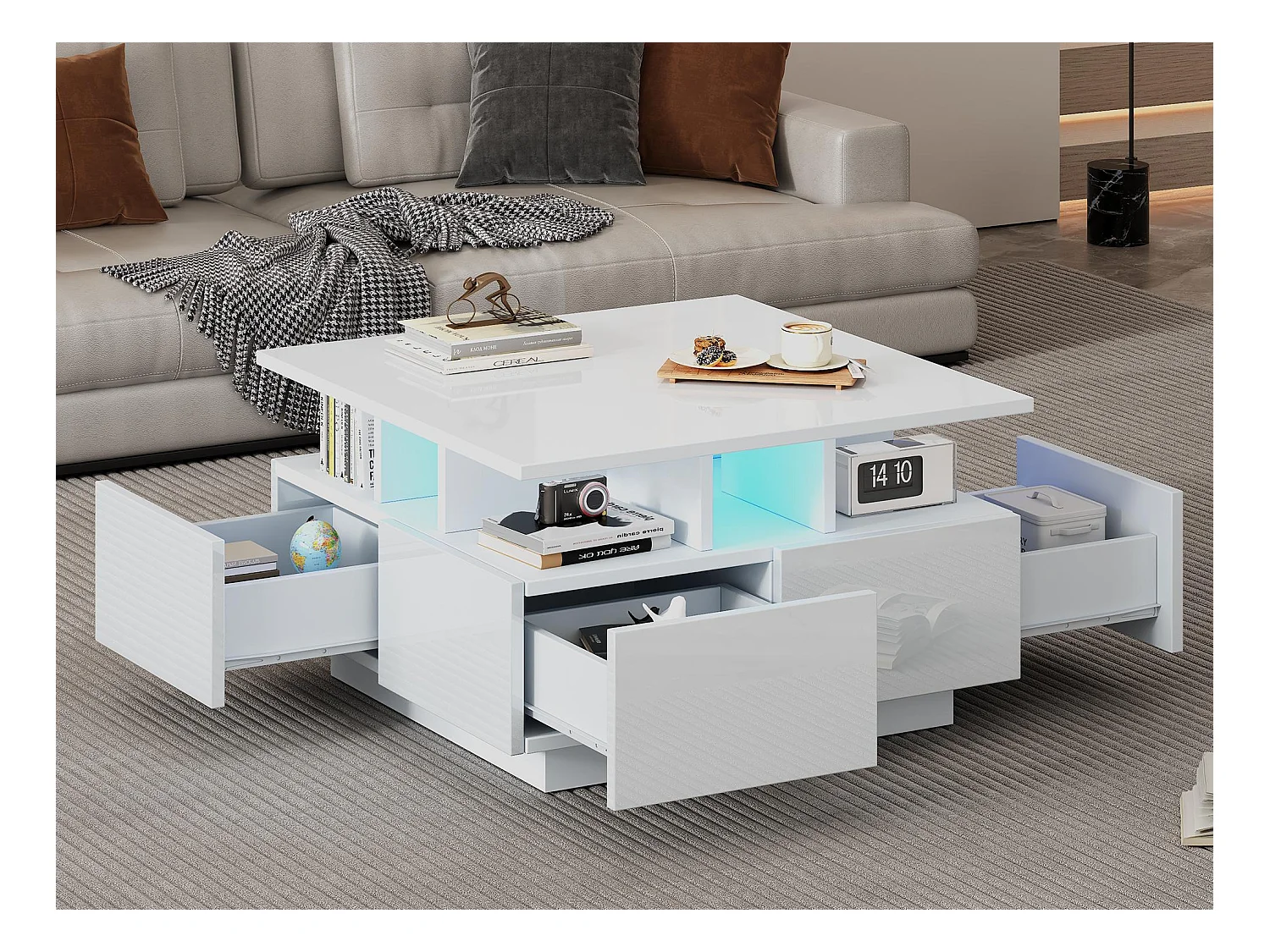 Hochglanz Quadrat-Couchtisch 70×70×40 cm - mit LED-Beleuchtung - 4 Schubladen - weiß