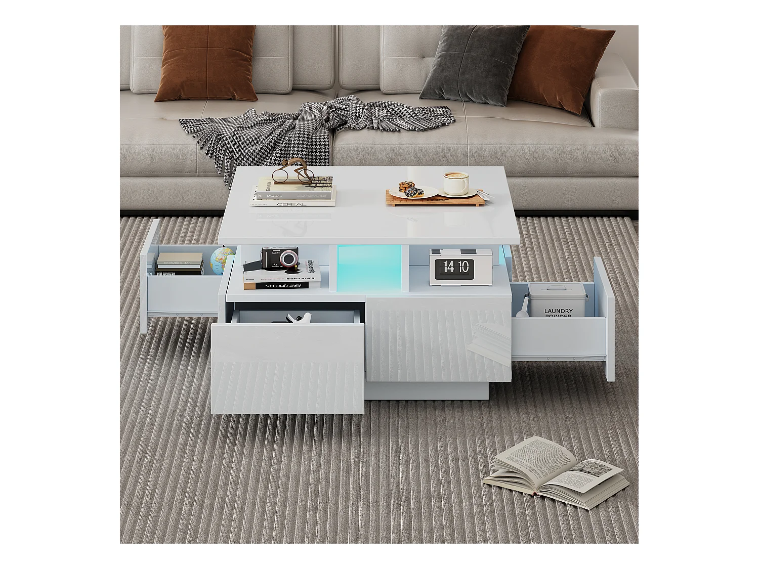 Hochglanz Quadrat-Couchtisch 70×70×40 cm - mit LED-Beleuchtung - 4 Schubladen - weiß