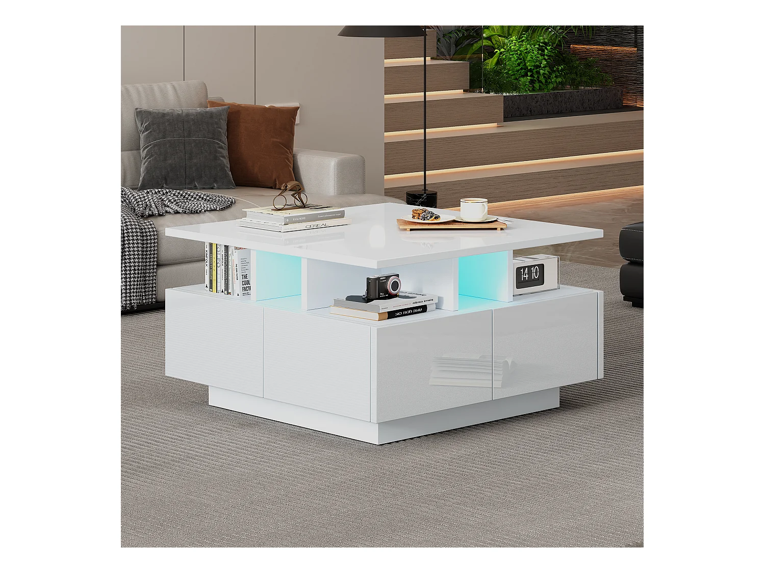 Hochglanz Quadrat-Couchtisch 70×70×40 cm - mit LED-Beleuchtung - 4 Schubladen - weiß