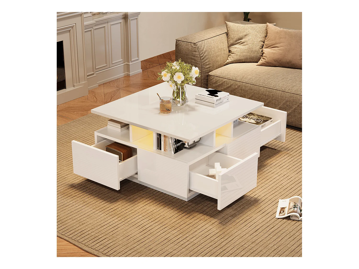 Hochglanz Quadrat-Couchtisch 70×70×40 cm - mit LED-Beleuchtung - 4 Schubladen - weiß