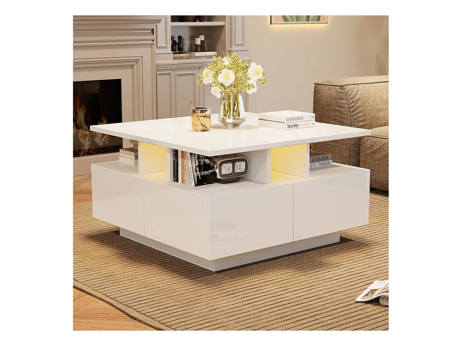 Hochglanz Quadrat-Couchtisch 70×70×40 cm - mit LED-Beleuchtung - 4 Schubladen - weiß