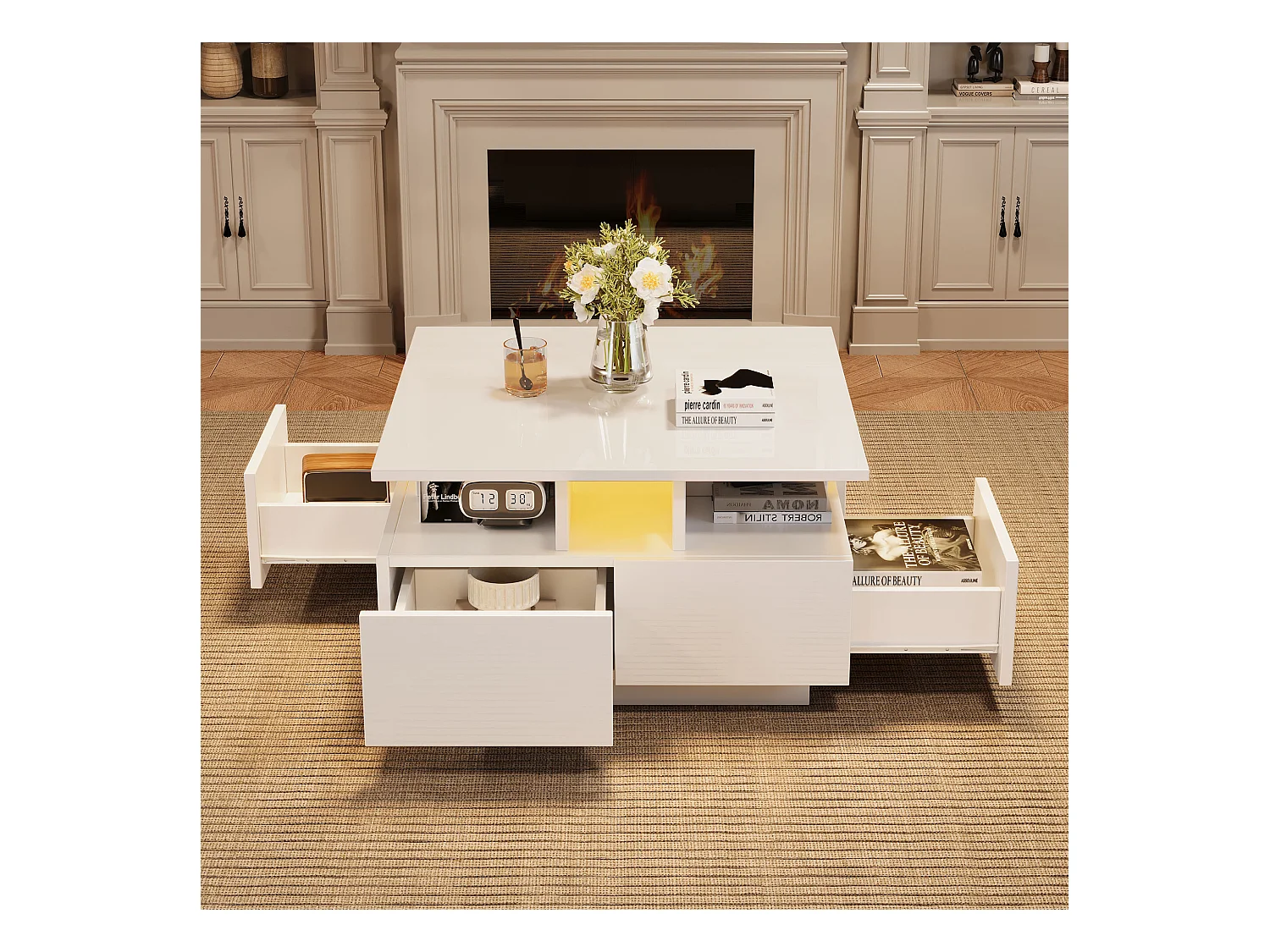 Hochglanz Quadrat-Couchtisch 70×70×40 cm - mit LED-Beleuchtung - 4 Schubladen - weiß