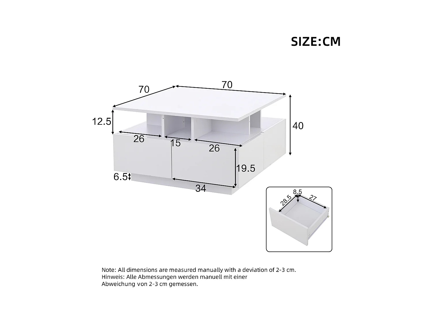 Hochglanz Quadrat-Couchtisch 70×70×40 cm - mit LED-Beleuchtung - 4 Schubladen - weiß