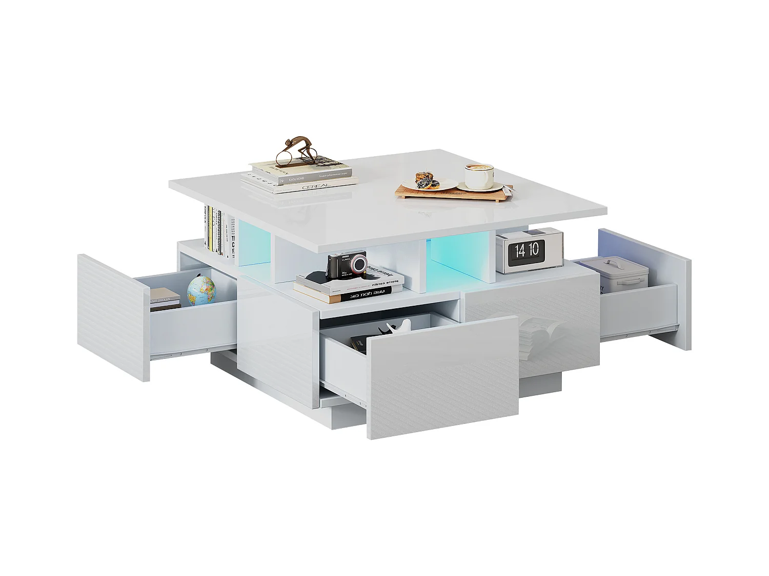 Hochglanz Quadrat-Couchtisch 70×70×40 cm - mit LED-Beleuchtung - 4 Schubladen - weiß