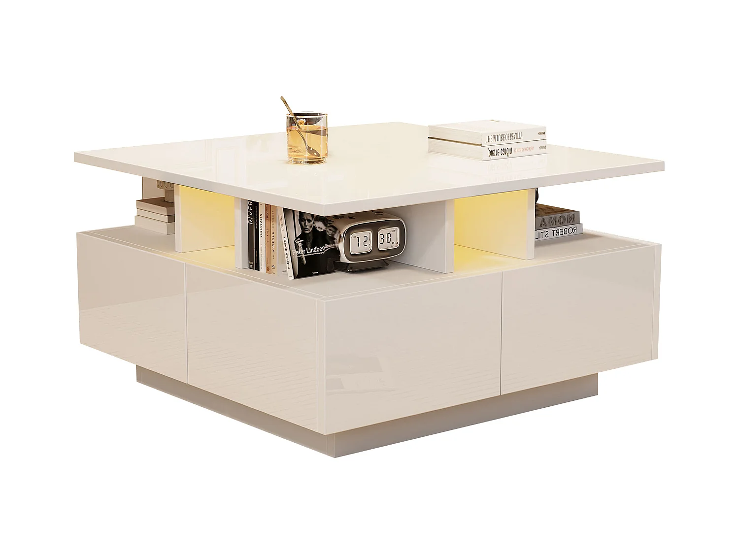 Hochglanz Quadrat-Couchtisch 70×70×40 cm - mit LED-Beleuchtung - 4 Schubladen - weiß