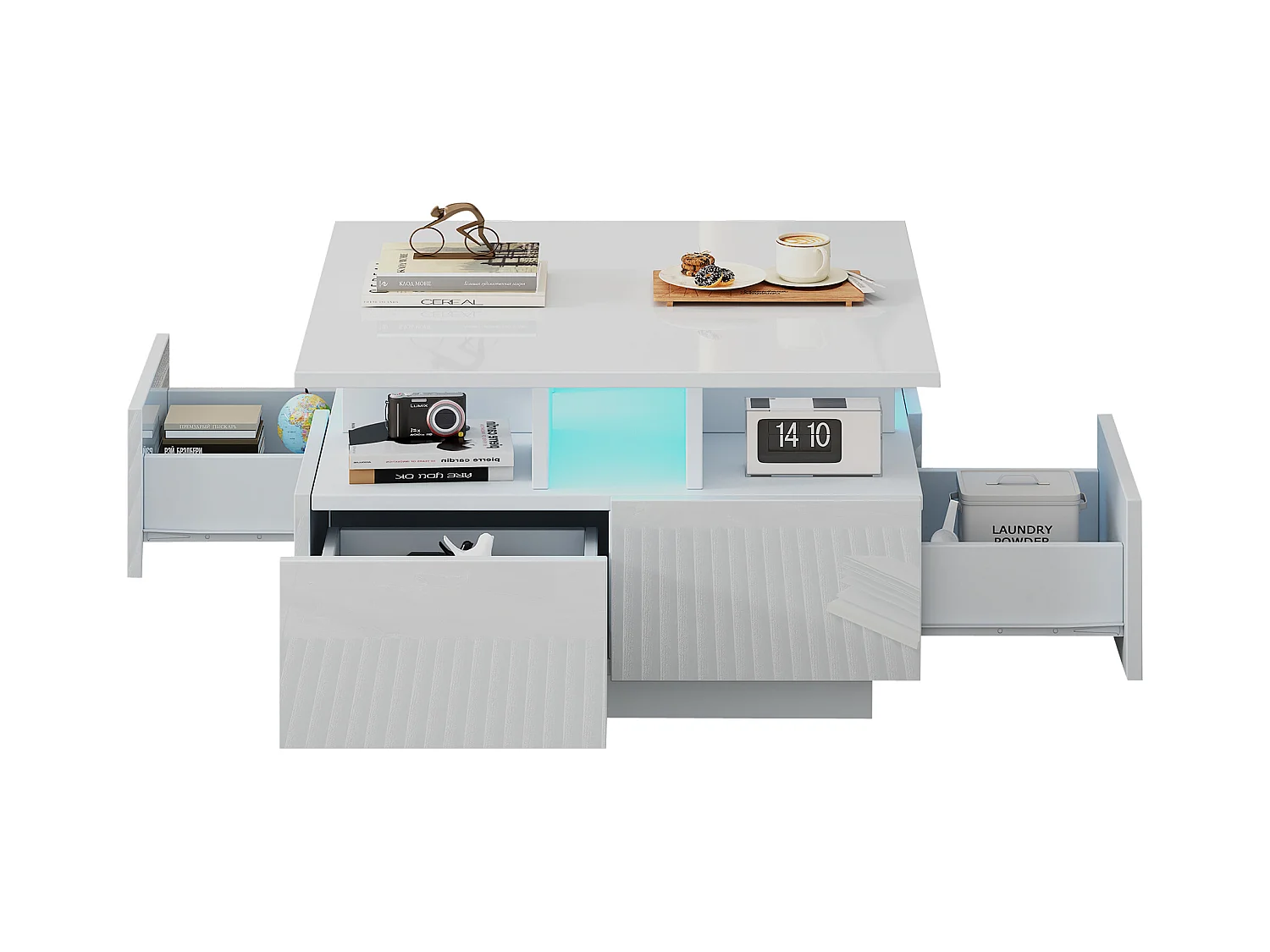 Hochglanz Quadrat-Couchtisch 70×70×40 cm - mit LED-Beleuchtung - 4 Schubladen - weiß