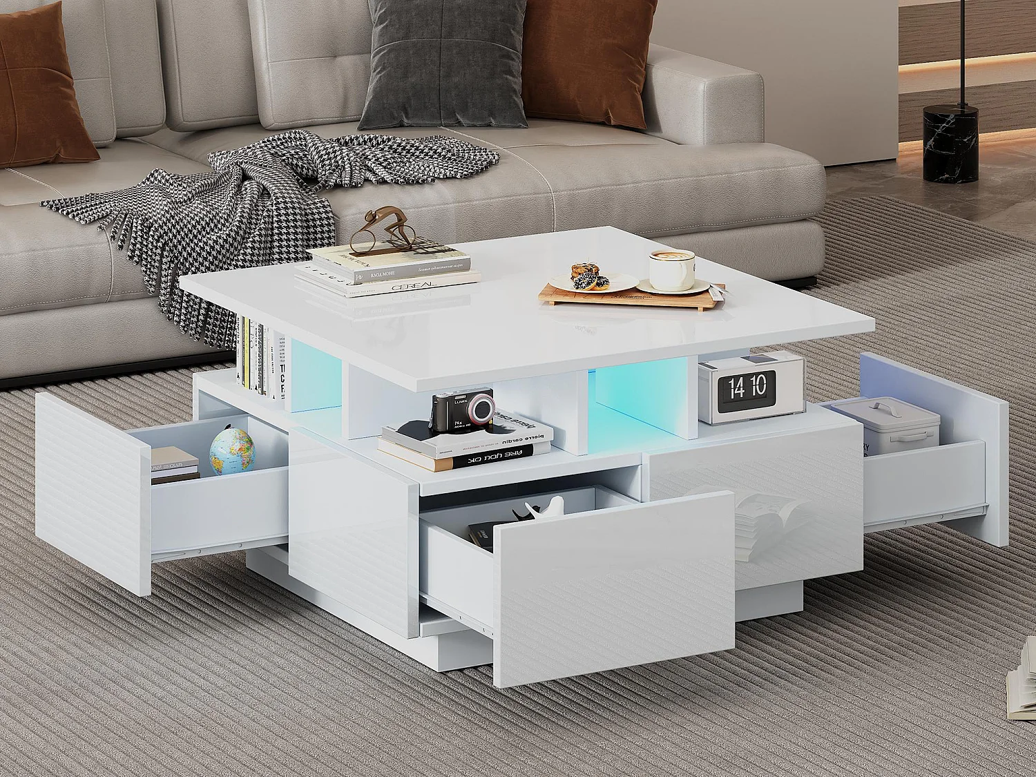 Tavolino quadrato lucido 70×70×40 cm - con illuminazione LED - 4 cassetti - bianco