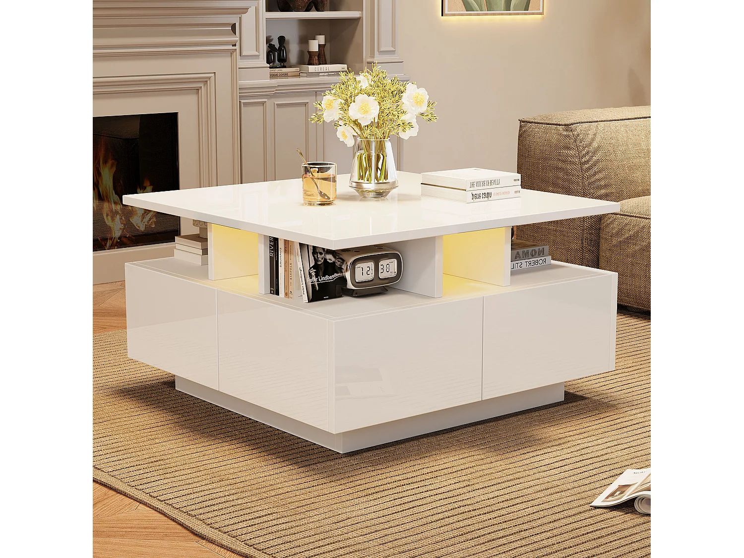 Tavolino quadrato lucido 70×70×40 cm - con illuminazione LED - 4 cassetti - bianco