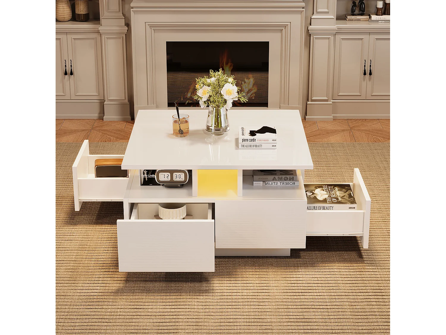 Tavolino quadrato lucido 70×70×40 cm - con illuminazione LED - 4 cassetti - bianco