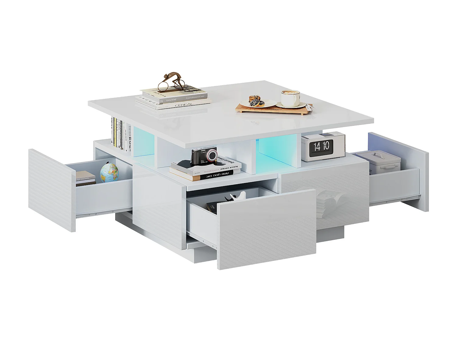 Tavolino quadrato lucido 70×70×40 cm - con illuminazione LED - 4 cassetti - bianco