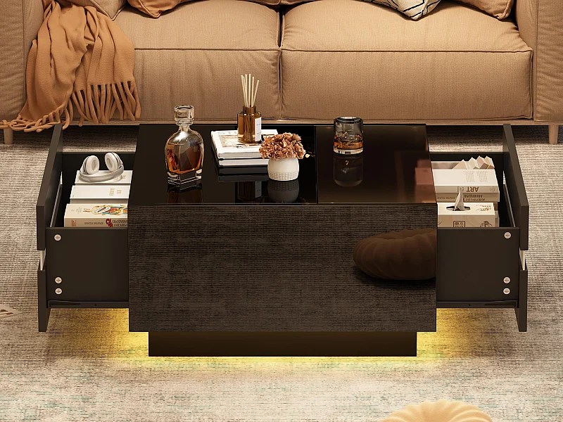 Mesa de centro quadrada brilhante 70×70×36 cm - com iluminação LED - com 2 gavetas - preto