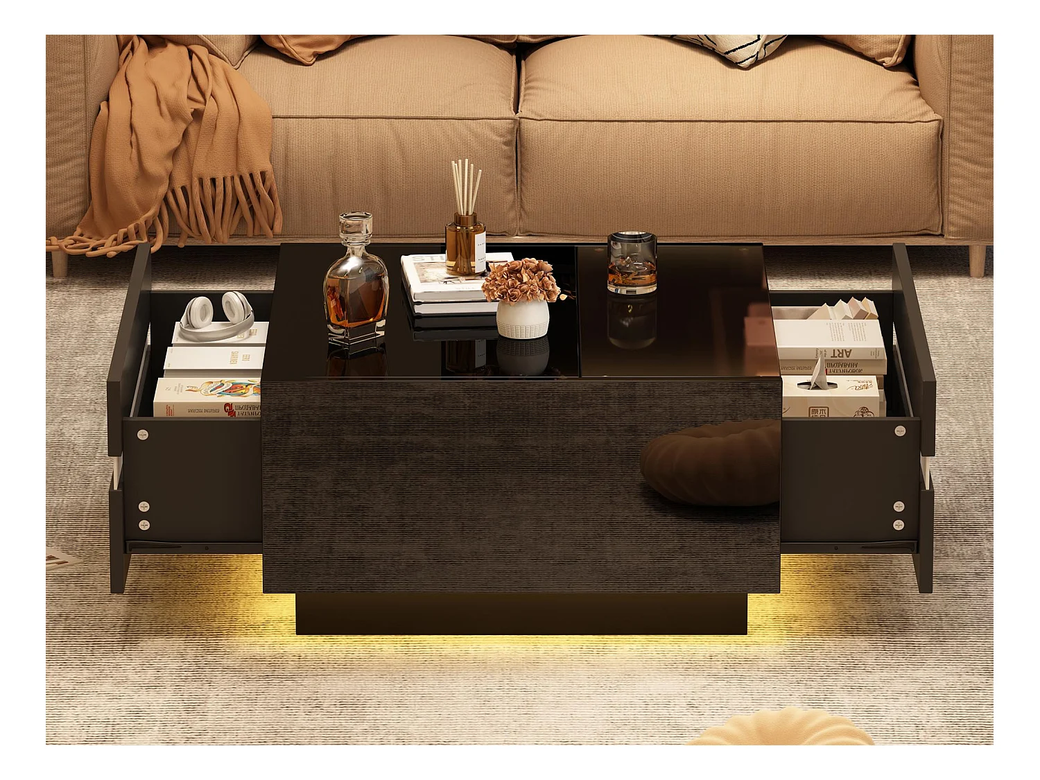 Table basse carrée brillante 70x70x36 cm - Avec éclairage LED - Avec 2 tiroirs - Noir