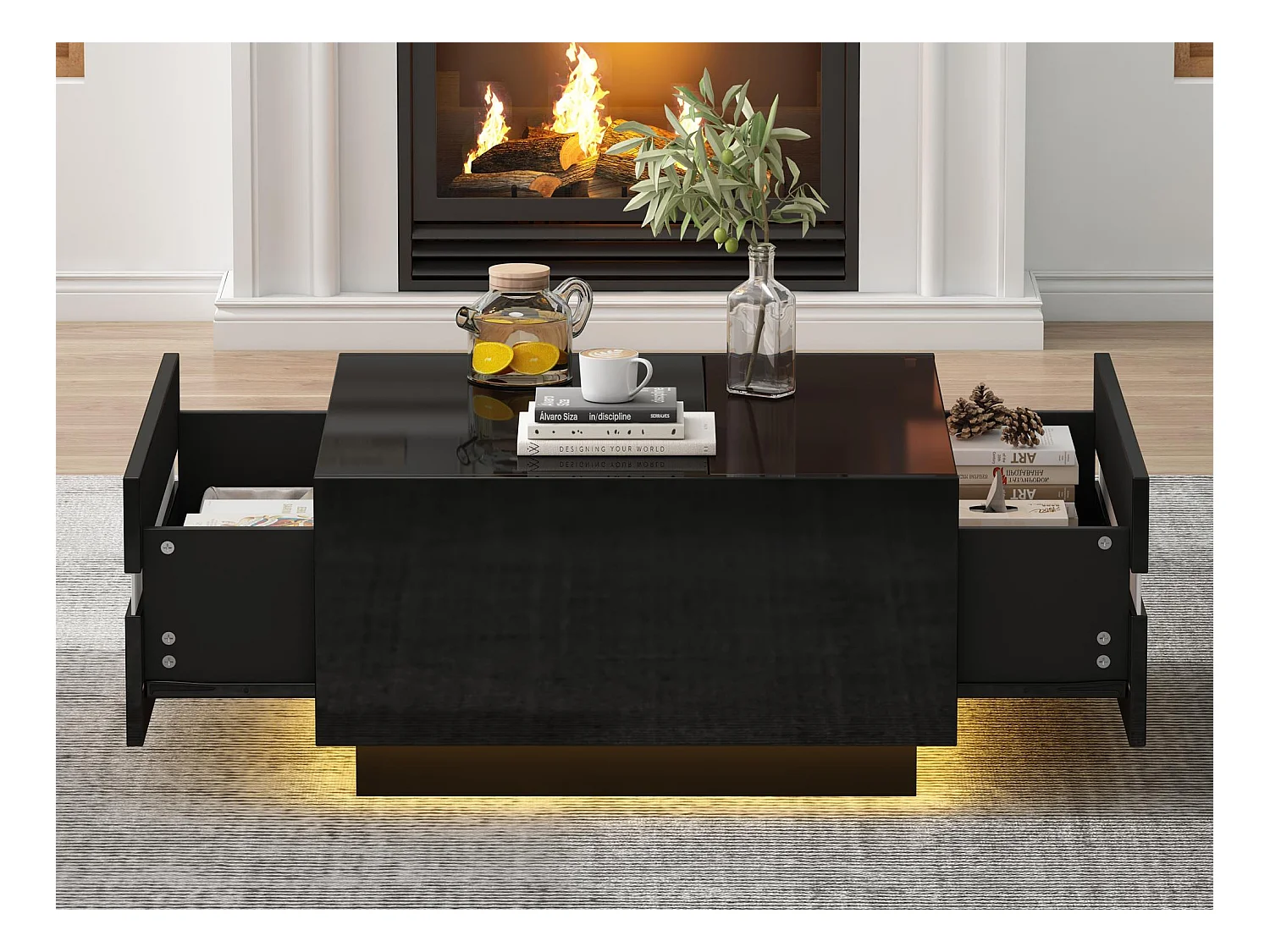 Table basse carrée brillante 70x70x36 cm - Avec éclairage LED - Avec 2 tiroirs - Noir