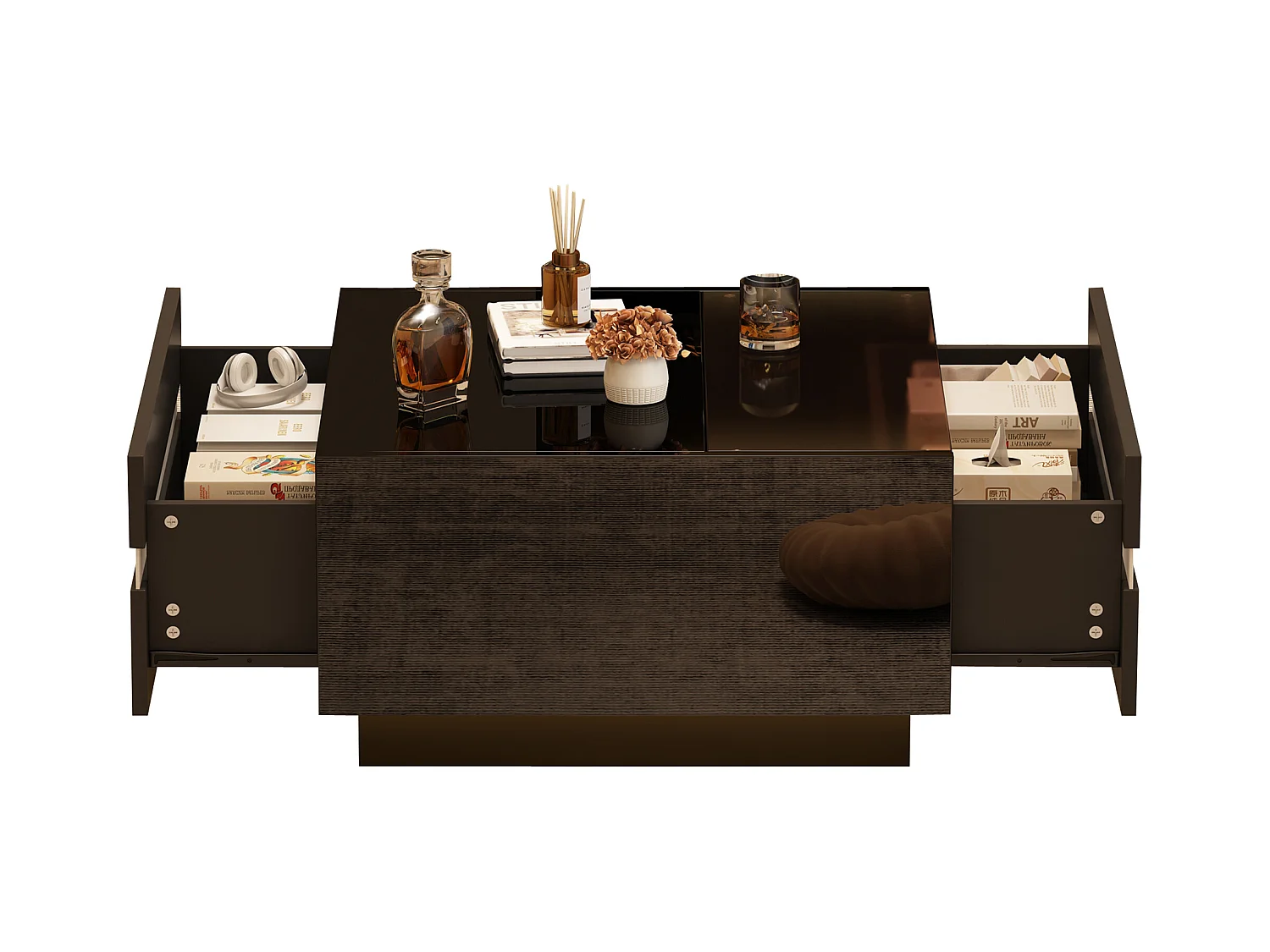 Table basse carrée brillante 70x70x36 cm - Avec éclairage LED - Avec 2 tiroirs - Noir