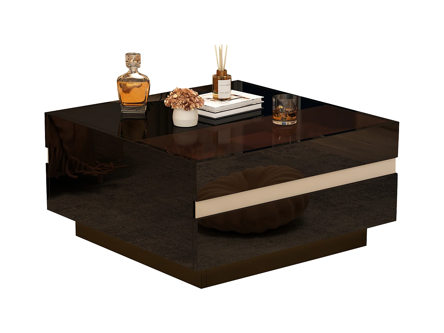 Table basse carrée brillante 70x70x36 cm - Avec éclairage LED - Avec 2 tiroirs - Noir