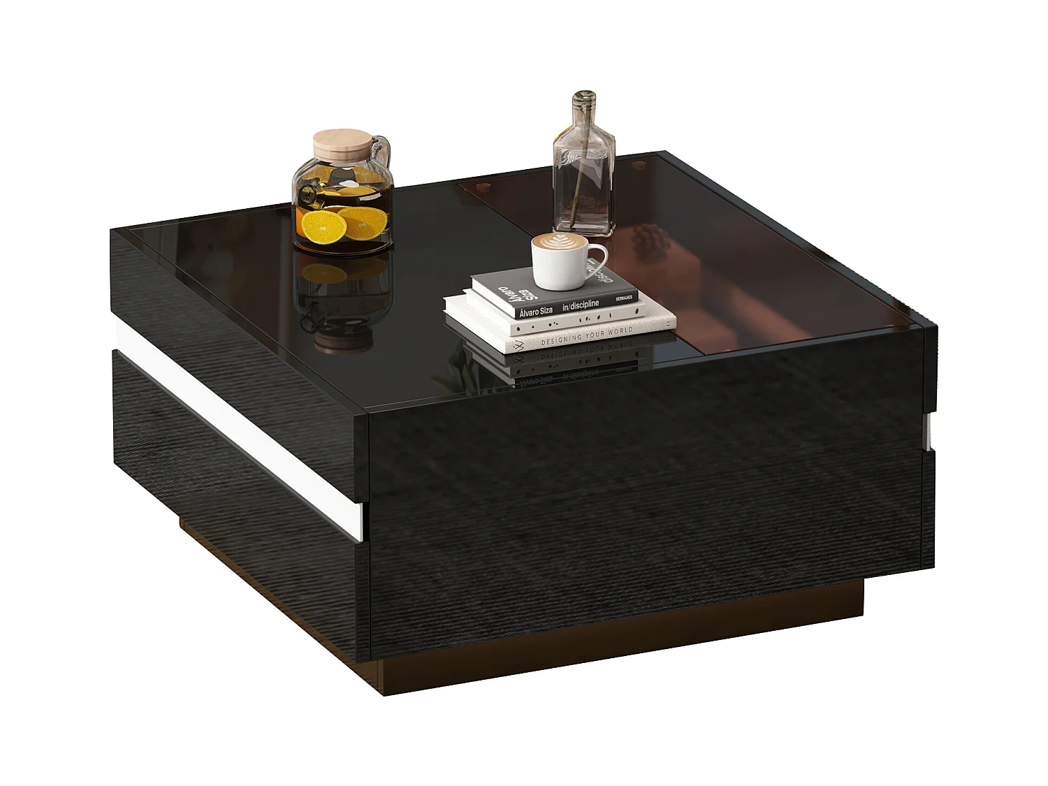 Table basse carrée brillante 70x70x36 cm - Avec éclairage LED - Avec 2 tiroirs - Noir