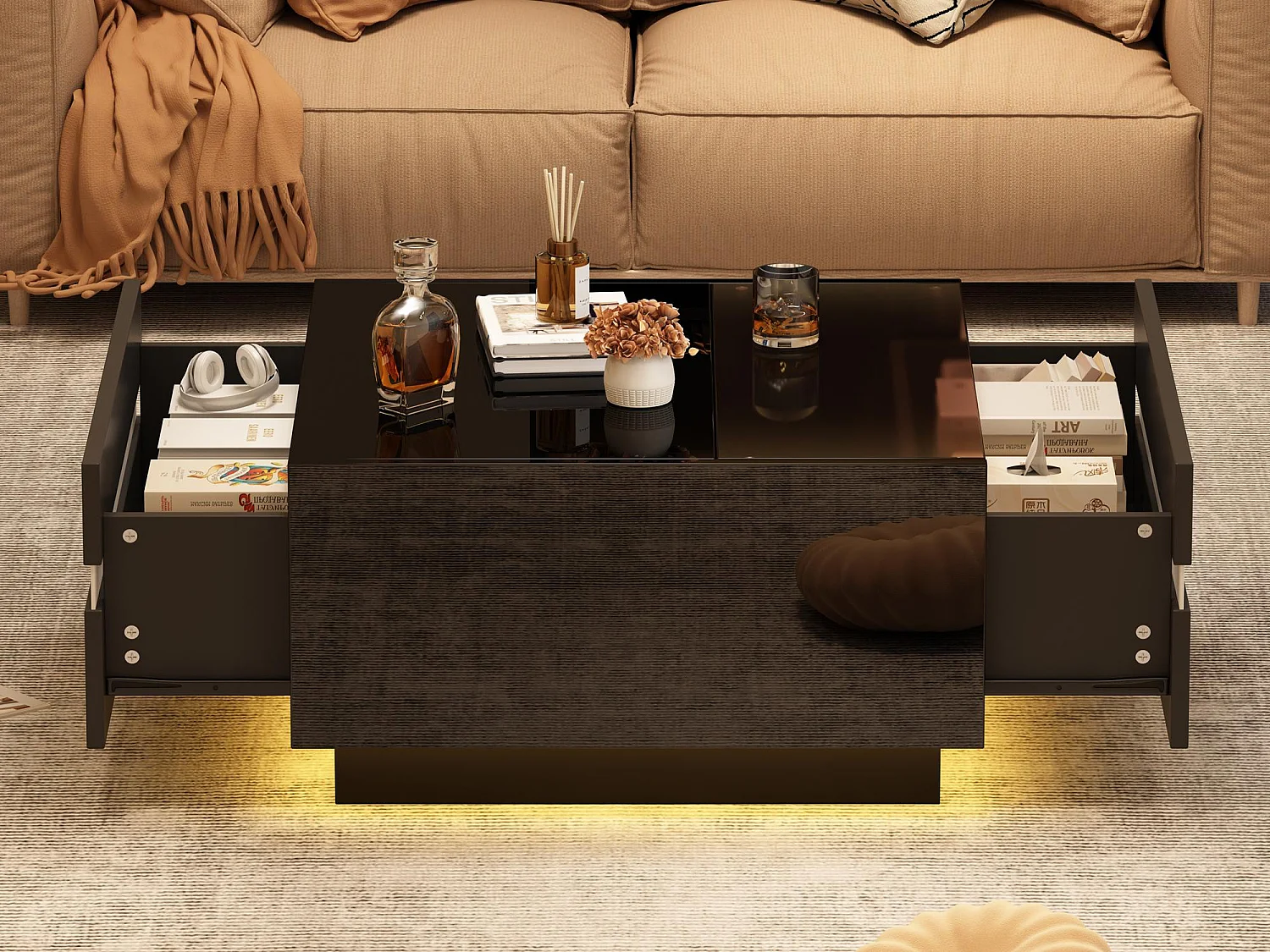 Table basse carrée brillante 70x70x36 cm - Avec éclairage LED - Avec 2 tiroirs - Noir