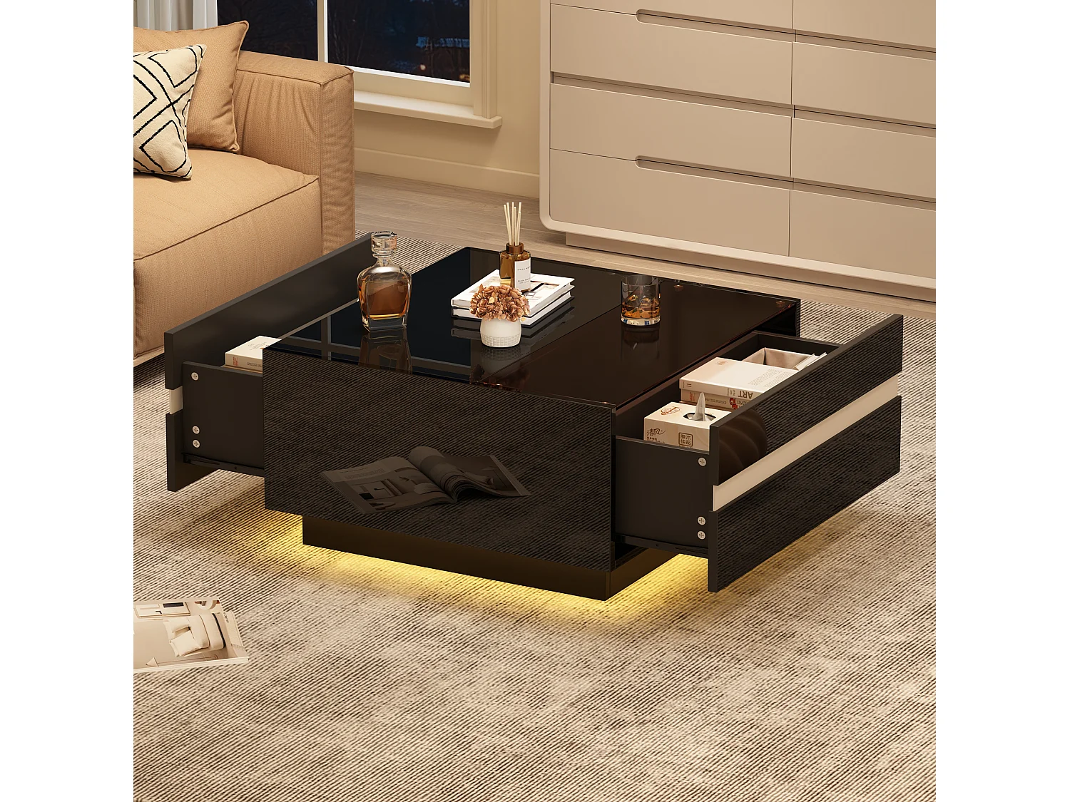 Table basse carrée brillante 70x70x36 cm - Avec éclairage LED - Avec 2 tiroirs - Noir