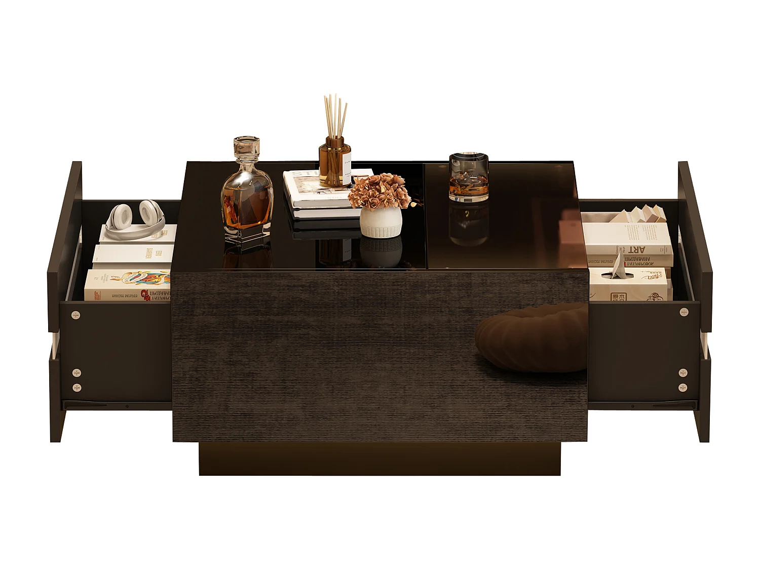 Table basse carrée brillante 70x70x36 cm - Avec éclairage LED - Avec 2 tiroirs - Noir